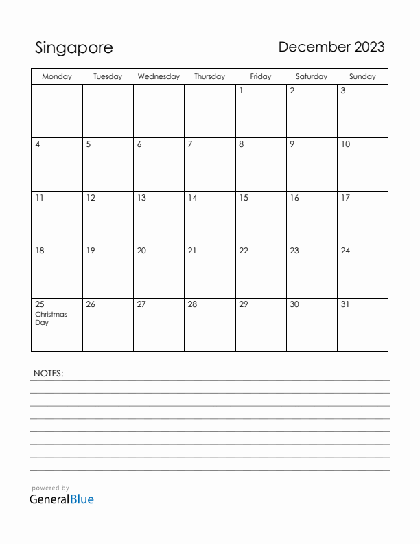 December 2023 Singapore Calendar with Holidays (Monday Start)