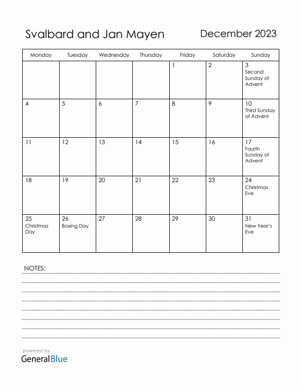 December 2023 Svalbard and Jan Mayen Calendar with Holidays (Monday Start)