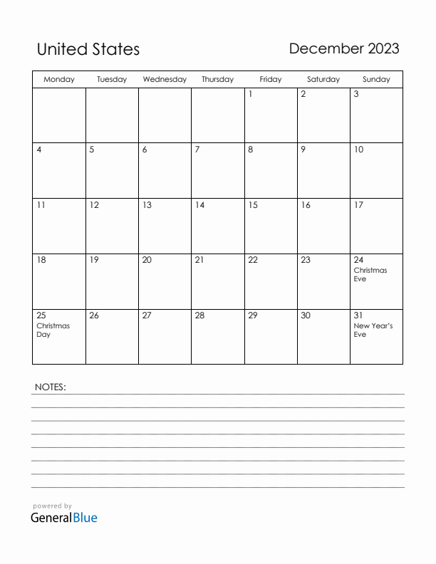 December 2023 United States Calendar with Holidays (Monday Start)