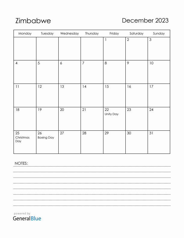 December 2023 Zimbabwe Calendar with Holidays (Monday Start)