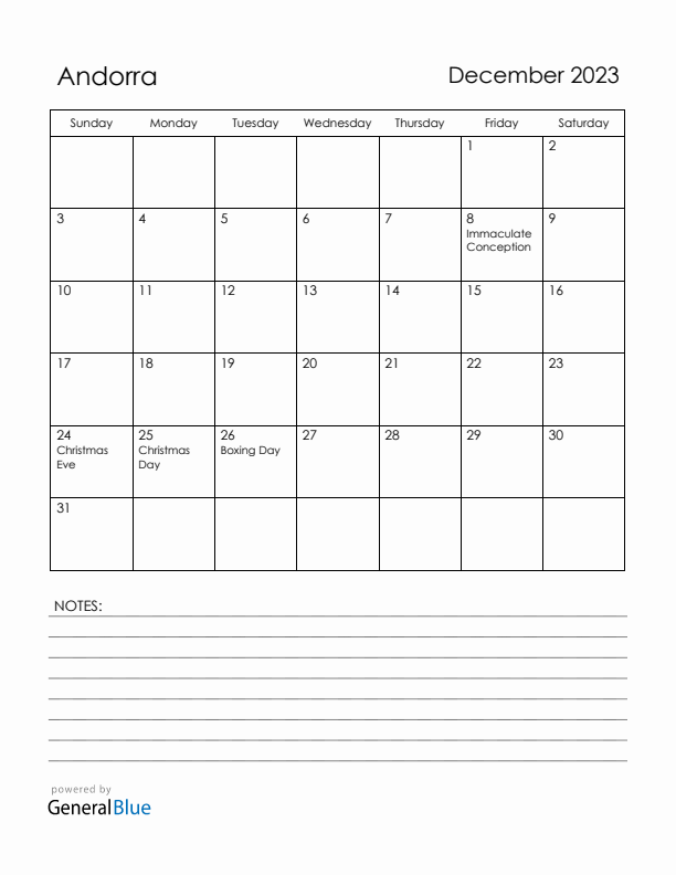 December 2023 Andorra Calendar with Holidays (Sunday Start)