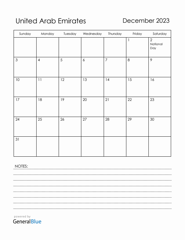 December 2023 United Arab Emirates Calendar with Holidays (Sunday Start)