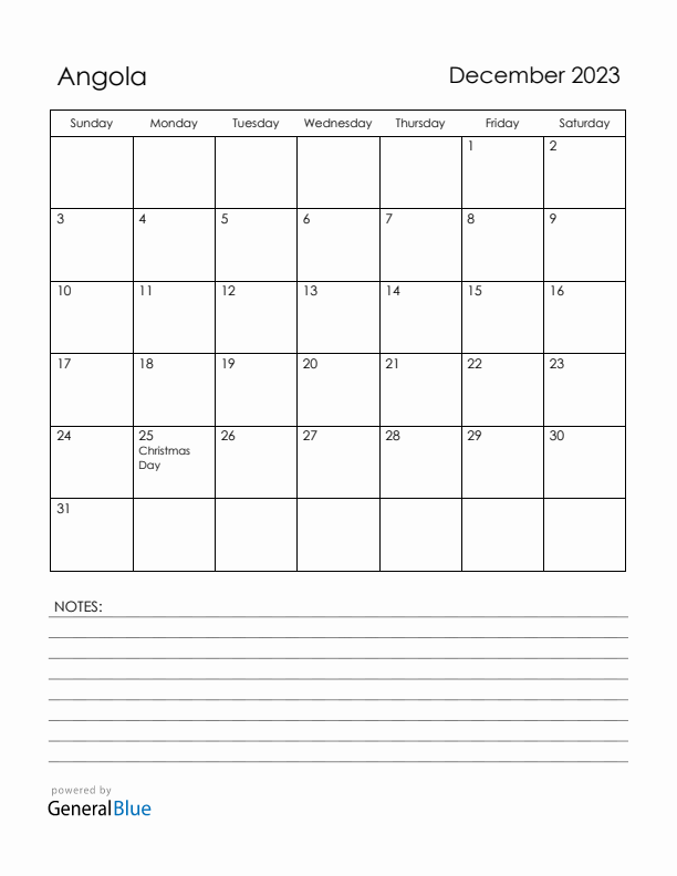 December 2023 Angola Calendar with Holidays (Sunday Start)