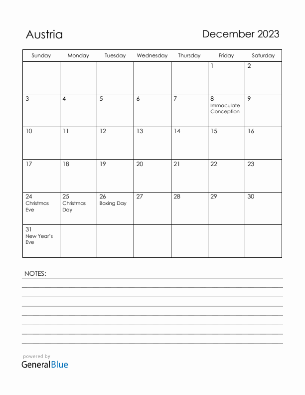 December 2023 Austria Calendar with Holidays (Sunday Start)