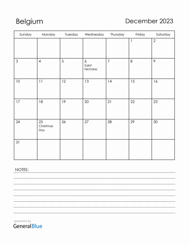 December 2023 Belgium Calendar with Holidays (Sunday Start)