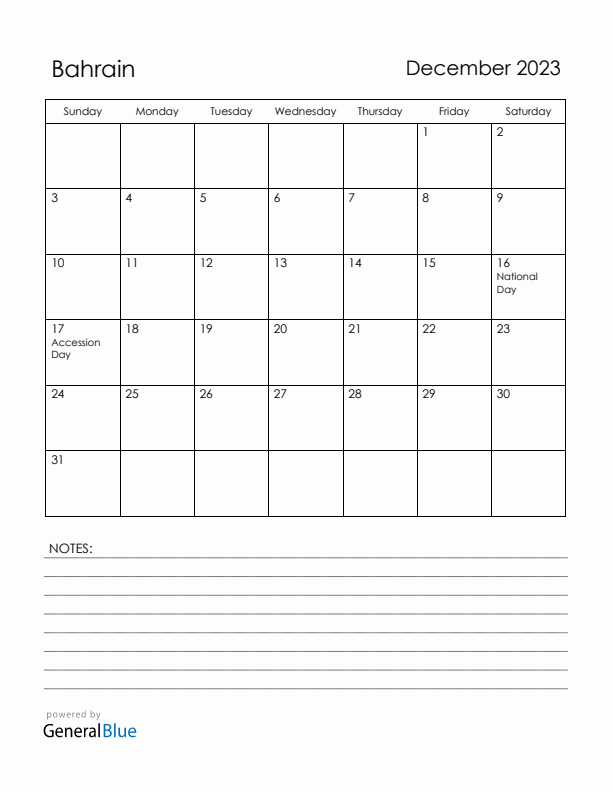 December 2023 Bahrain Calendar with Holidays (Sunday Start)