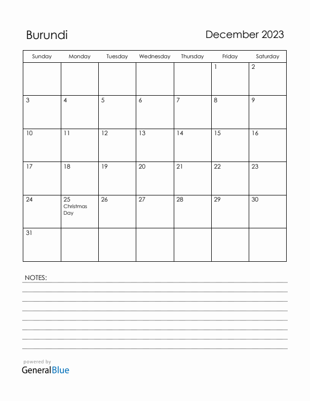 December 2023 Burundi Calendar with Holidays (Sunday Start)