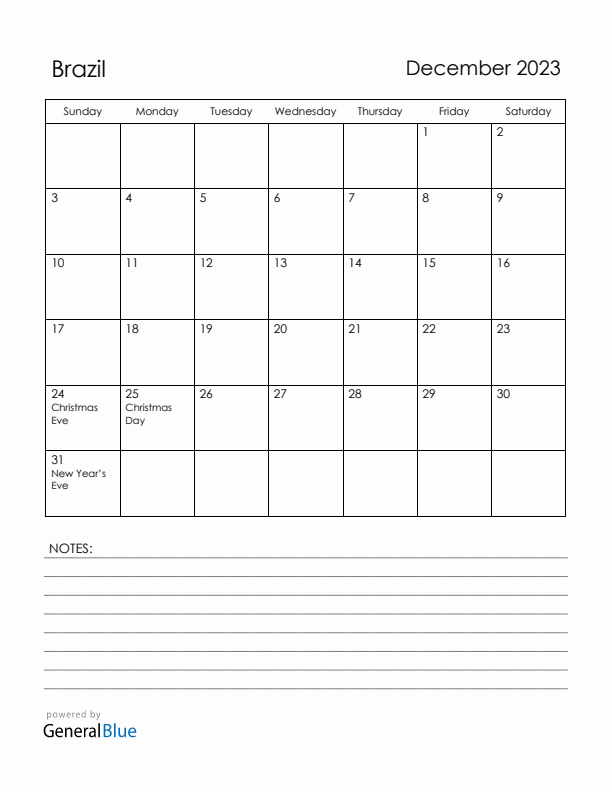 December 2023 Brazil Calendar with Holidays (Sunday Start)