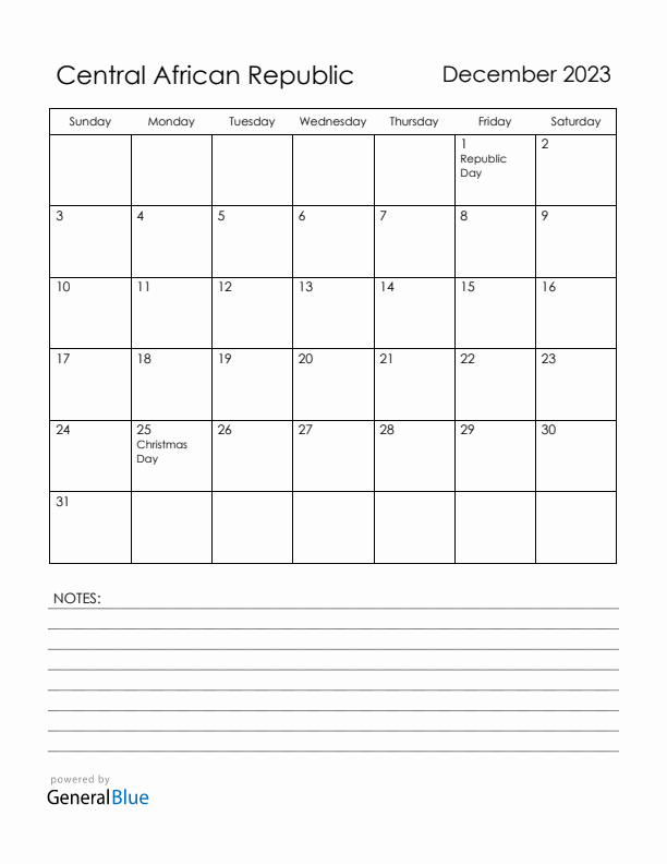 December 2023 Central African Republic Calendar with Holidays (Sunday Start)