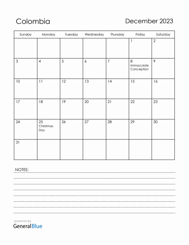 December 2023 Colombia Calendar with Holidays (Sunday Start)