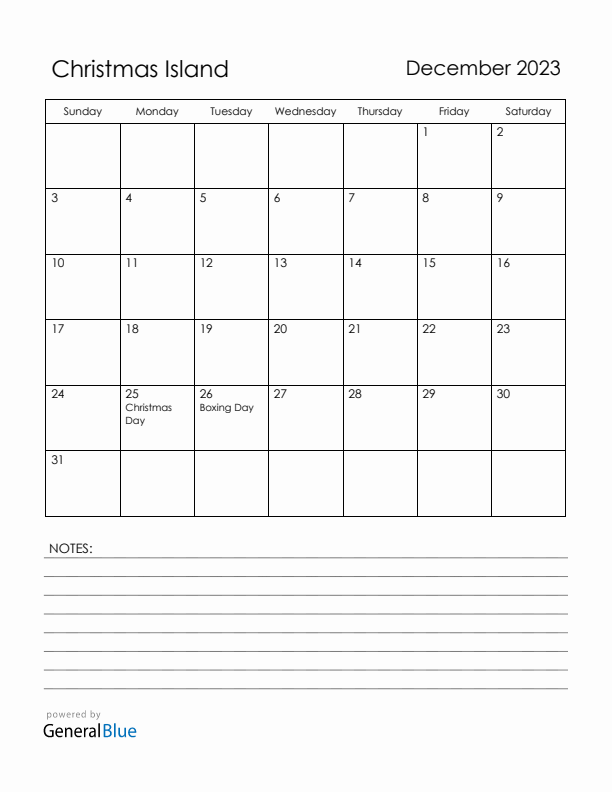 December 2023 Christmas Island Calendar with Holidays (Sunday Start)