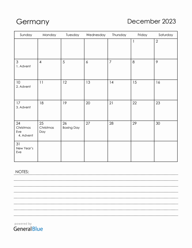 December 2023 Germany Calendar with Holidays (Sunday Start)