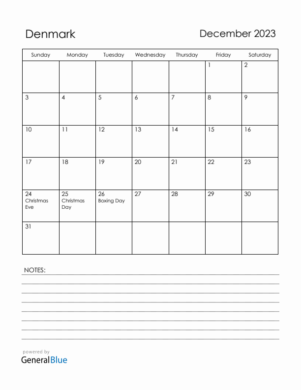 December 2023 Denmark Calendar with Holidays (Sunday Start)