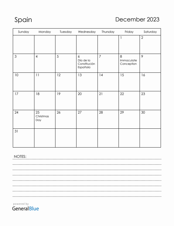 December 2023 Spain Calendar with Holidays (Sunday Start)