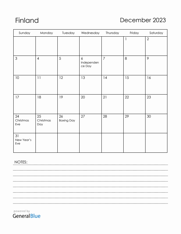 December 2023 Finland Calendar with Holidays (Sunday Start)