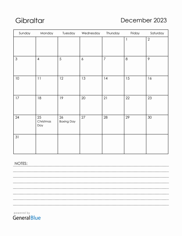 December 2023 Gibraltar Calendar with Holidays (Sunday Start)