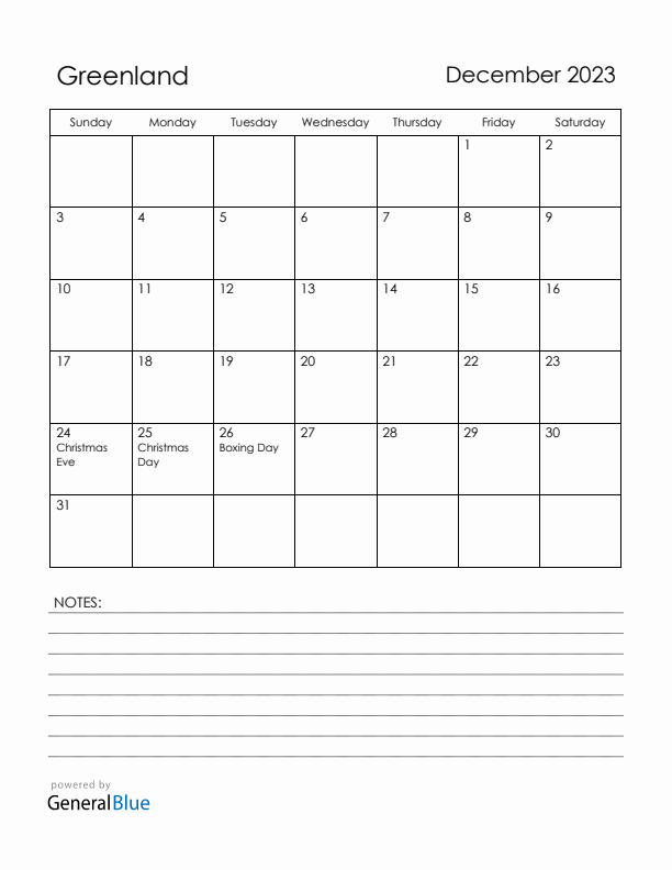 December 2023 Greenland Calendar with Holidays (Sunday Start)