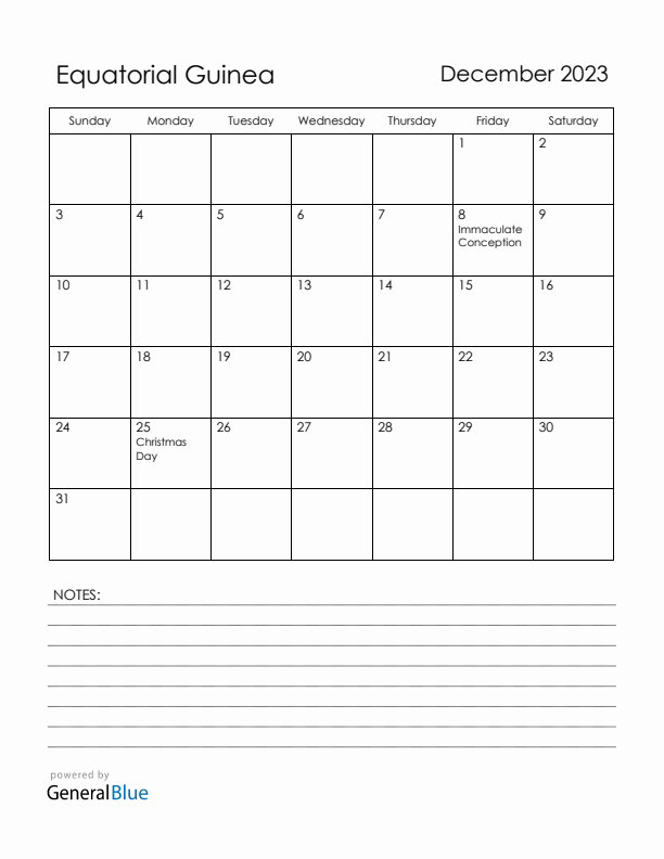 December 2023 Equatorial Guinea Calendar with Holidays (Sunday Start)