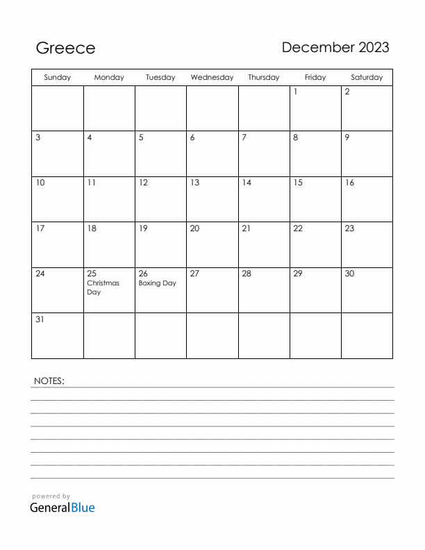 December 2023 Greece Calendar with Holidays (Sunday Start)