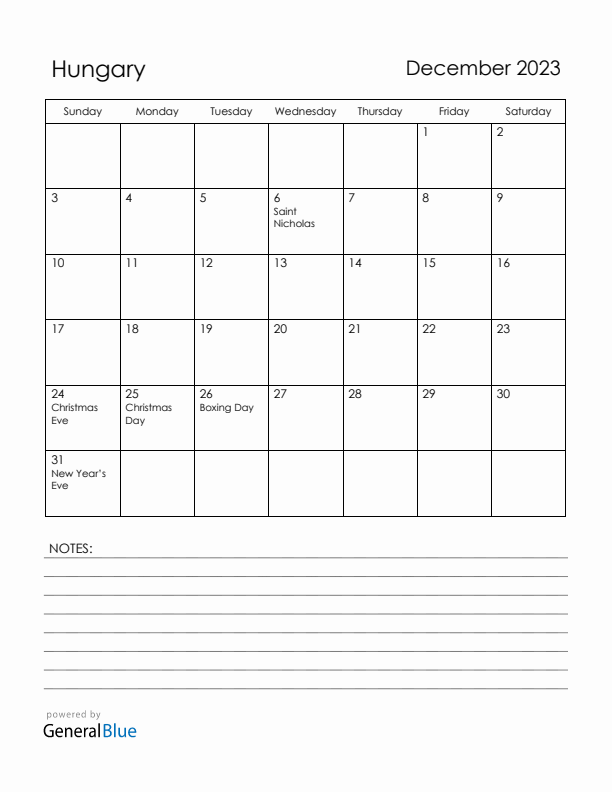 December 2023 Hungary Calendar with Holidays (Sunday Start)