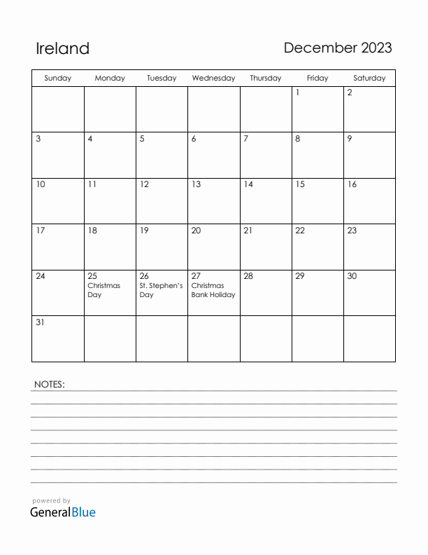 December 2023 Ireland Calendar with Holidays (Sunday Start)