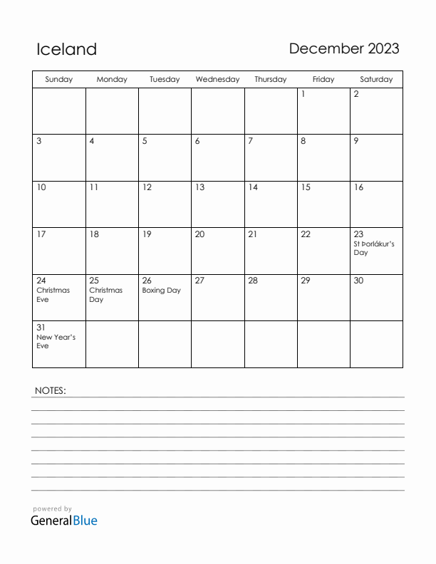 December 2023 Iceland Calendar with Holidays (Sunday Start)