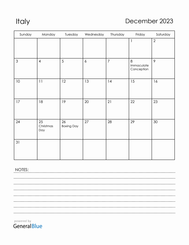 December 2023 Italy Calendar with Holidays (Sunday Start)
