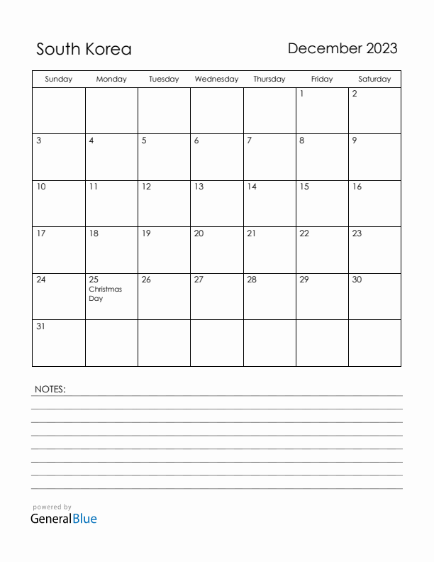 December 2023 South Korea Calendar with Holidays (Sunday Start)