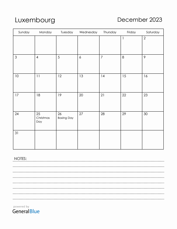 December 2023 Luxembourg Calendar with Holidays (Sunday Start)