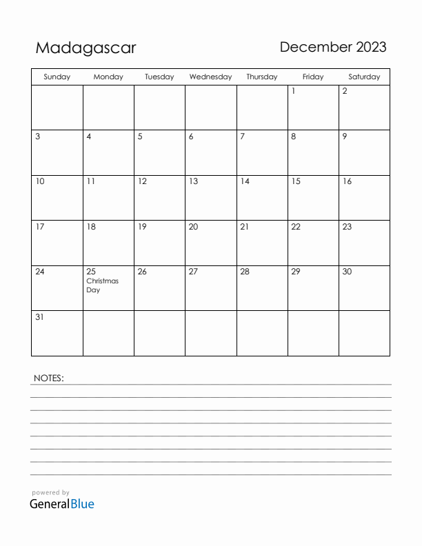 December 2023 Madagascar Calendar with Holidays (Sunday Start)