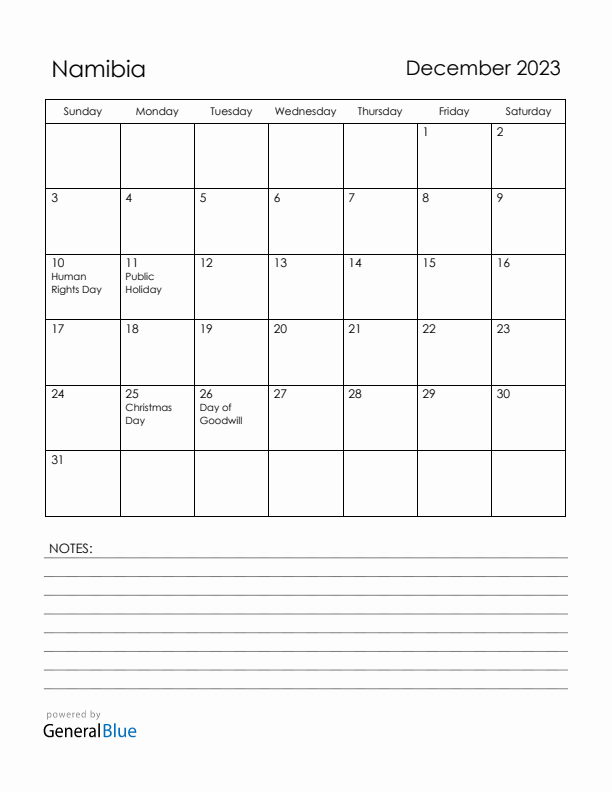 December 2023 Namibia Calendar with Holidays (Sunday Start)