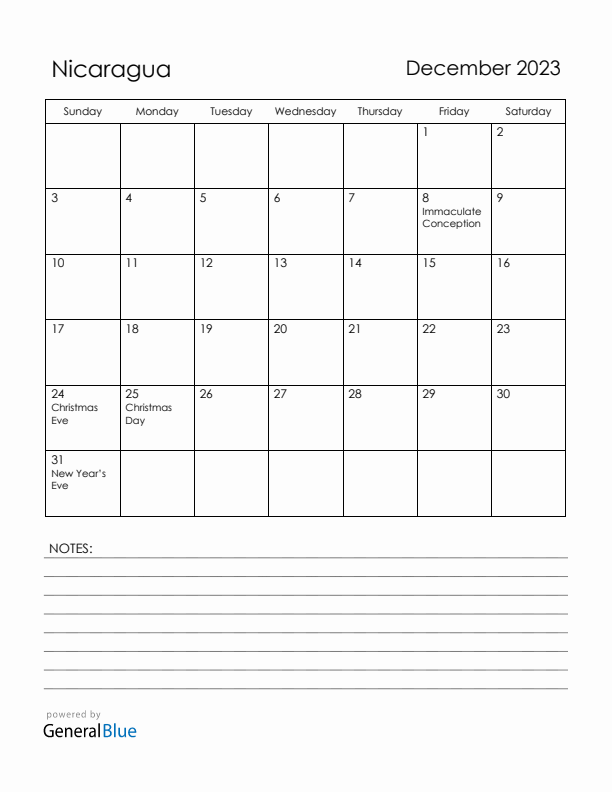 December 2023 Nicaragua Calendar with Holidays (Sunday Start)