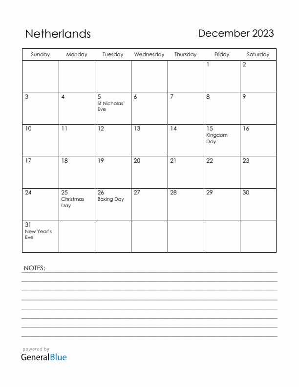 December 2023 The Netherlands Calendar with Holidays (Sunday Start)