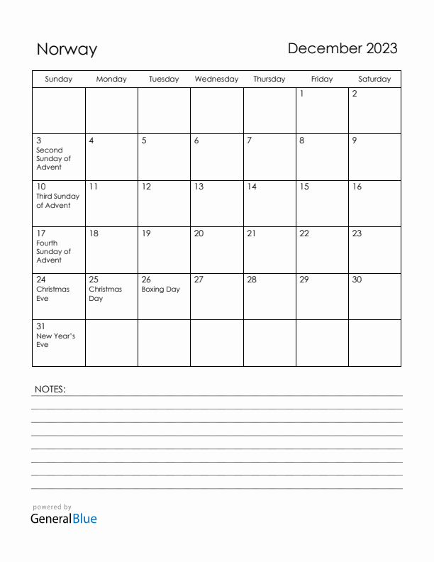 December 2023 Norway Calendar with Holidays (Sunday Start)