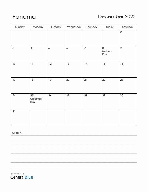 December 2023 Panama Calendar with Holidays (Sunday Start)