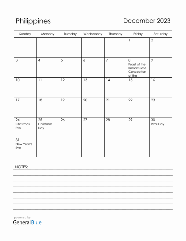 December 2023 Philippines Calendar with Holidays (Sunday Start)