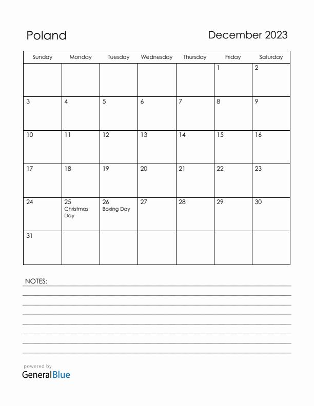 December 2023 Poland Calendar with Holidays (Sunday Start)