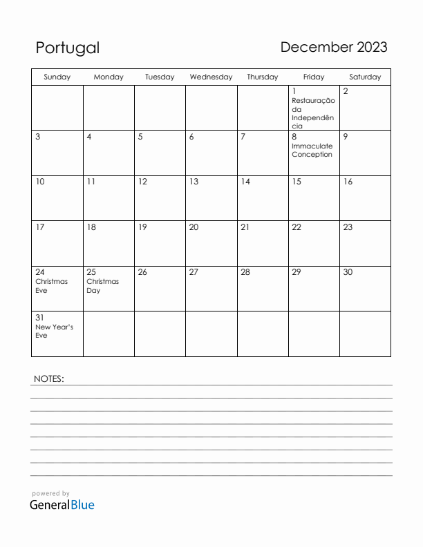 December 2023 Portugal Calendar with Holidays (Sunday Start)