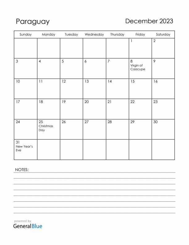 December 2023 Paraguay Calendar with Holidays (Sunday Start)