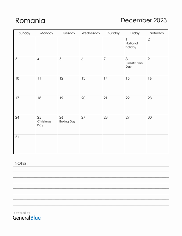 December 2023 Romania Calendar with Holidays (Sunday Start)
