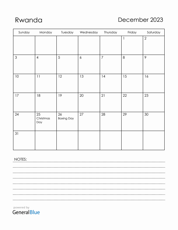 December 2023 Rwanda Calendar with Holidays (Sunday Start)