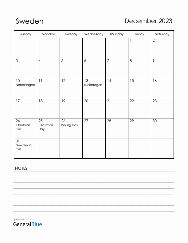 December 2023 Sweden Calendar with Holidays (Sunday Start)