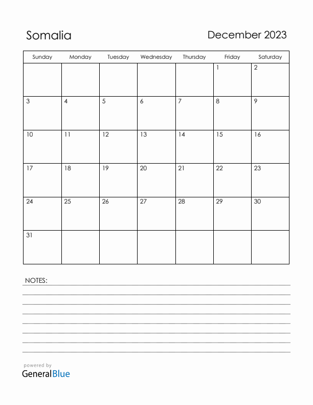 December 2023 Somalia Calendar with Holidays (Sunday Start)