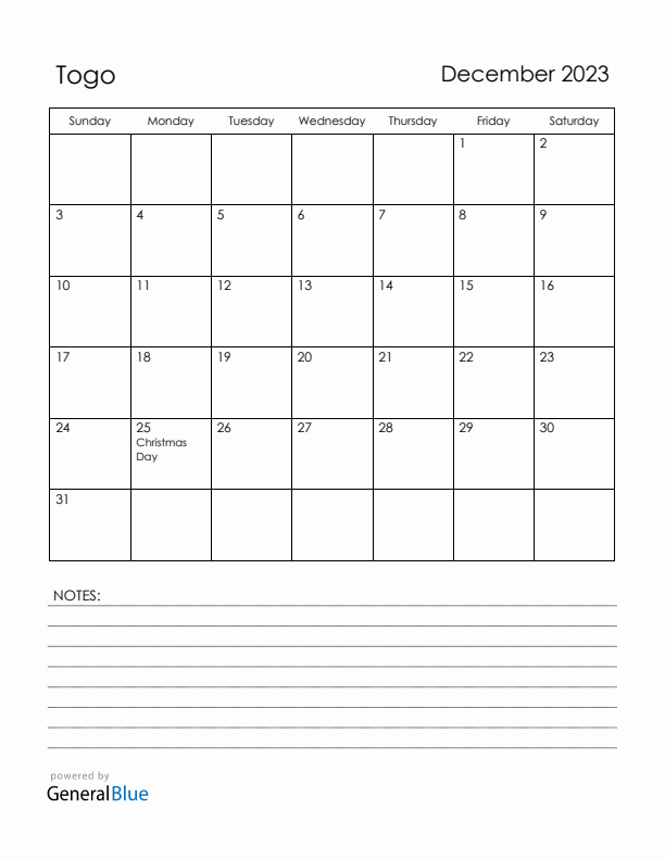 December 2023 Togo Calendar with Holidays (Sunday Start)