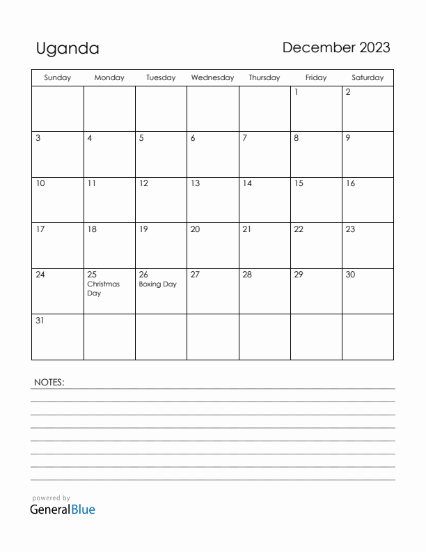 December 2023 Uganda Calendar with Holidays (Sunday Start)