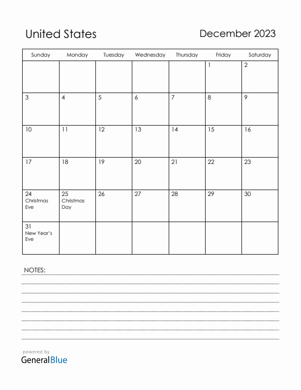 December 2023 United States Calendar with Holidays (Sunday Start)