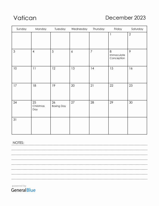 December 2023 Vatican Calendar with Holidays (Sunday Start)