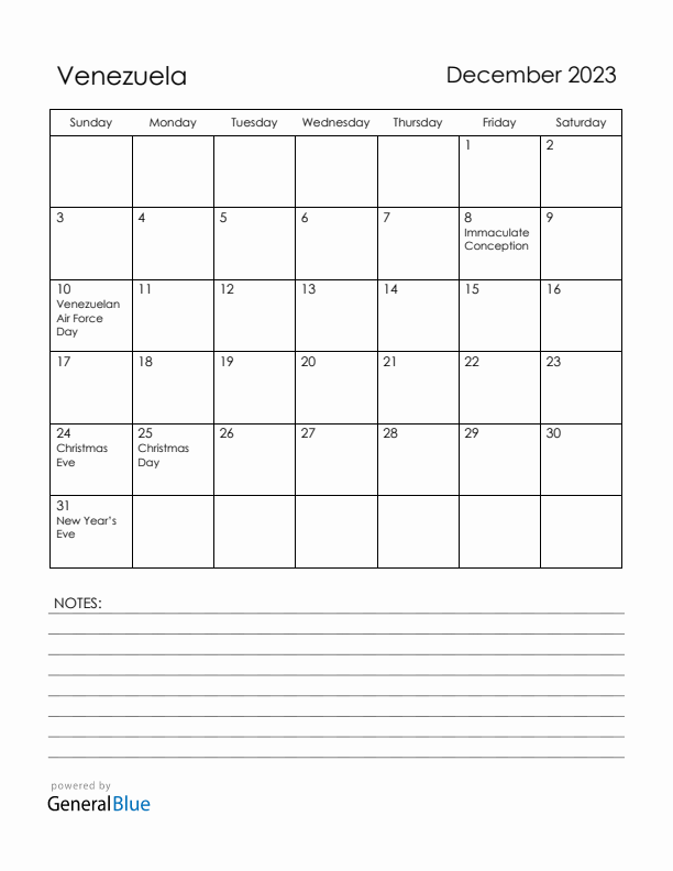 December 2023 Venezuela Calendar with Holidays (Sunday Start)