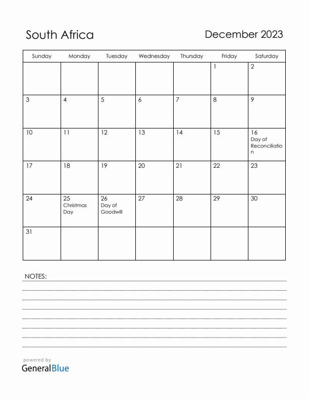 December 2023 South Africa Calendar with Holidays (Sunday Start)