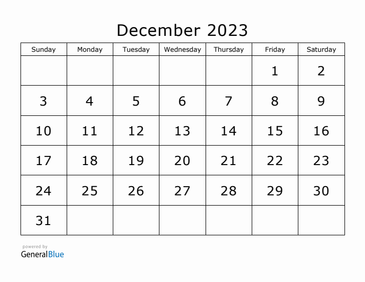 Printable December 2023 Calendar - Sunday Start